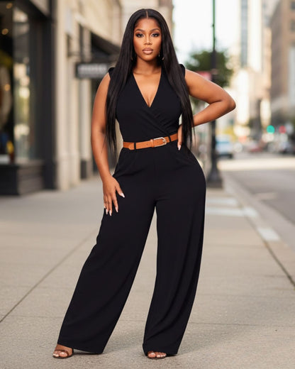 LADIES SLEEVELESS WIDE LEG JUMPSUIT WITH BELT