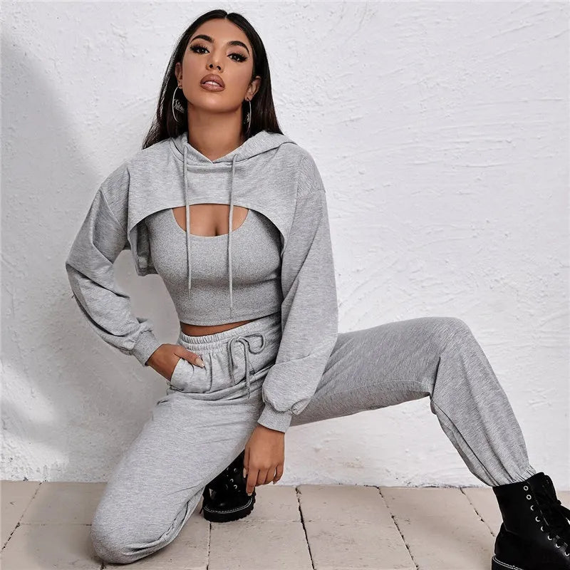 LADIES FASHION SOLID COLOR TANK TOP HOODIE AND PANTS 3PCS SET