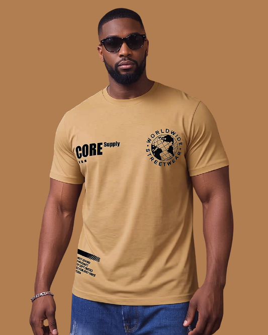 Tan t-shirt with graphics and text