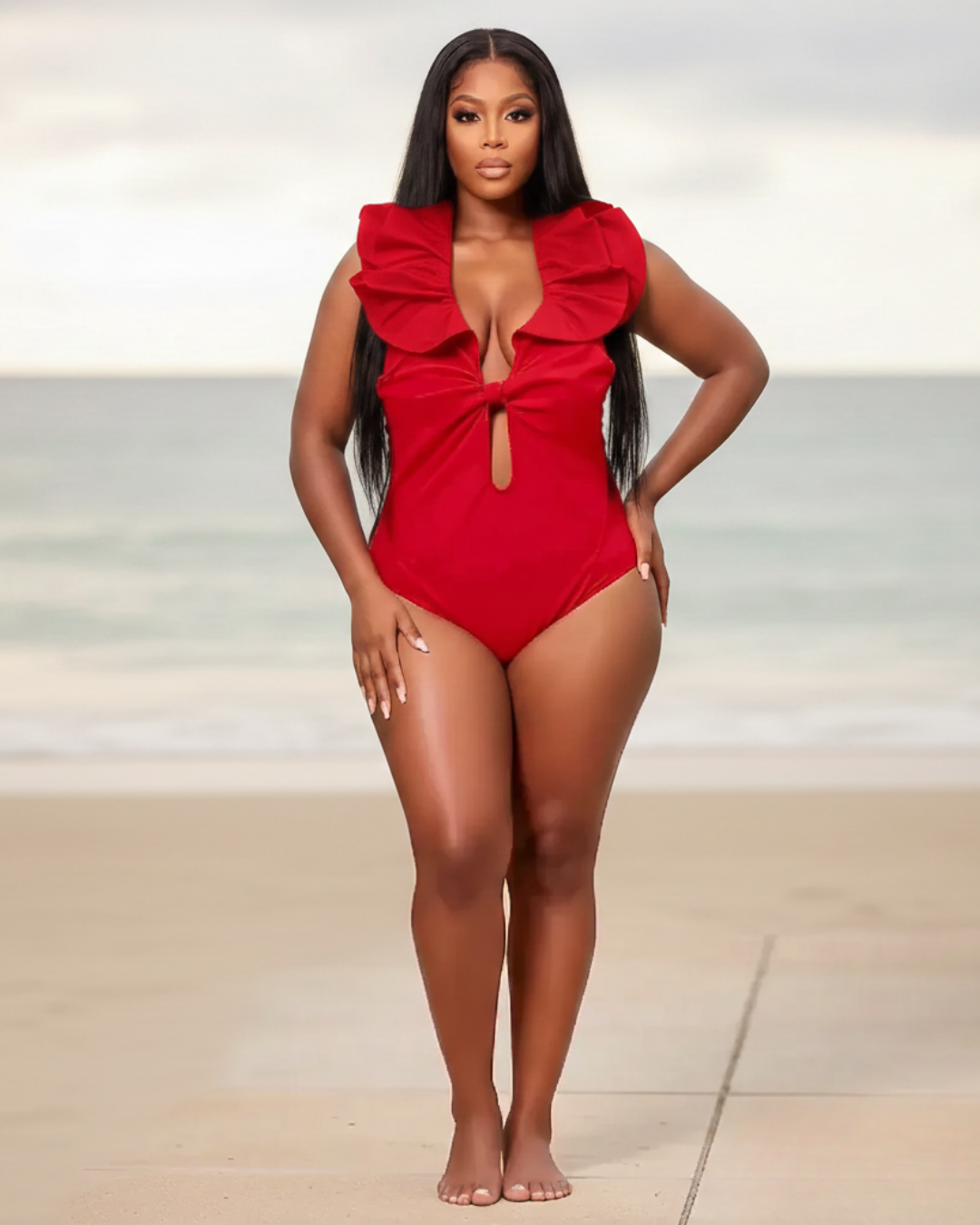 red swimsuit with ruffled details 