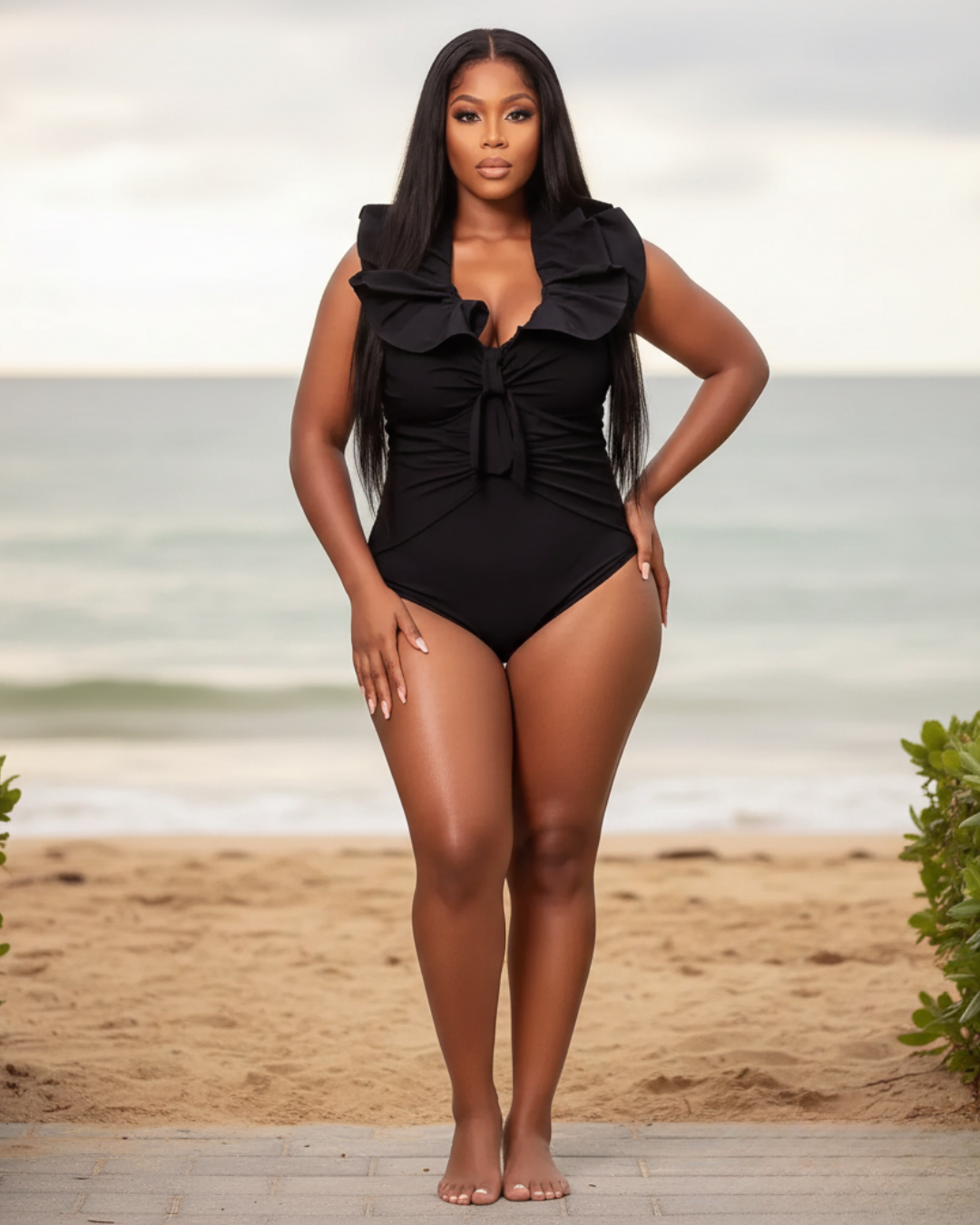 black swimsuit with ruffled details