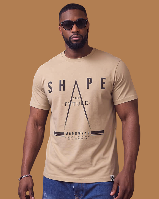 Beige t-shirt with 'Shape the Future' text 
