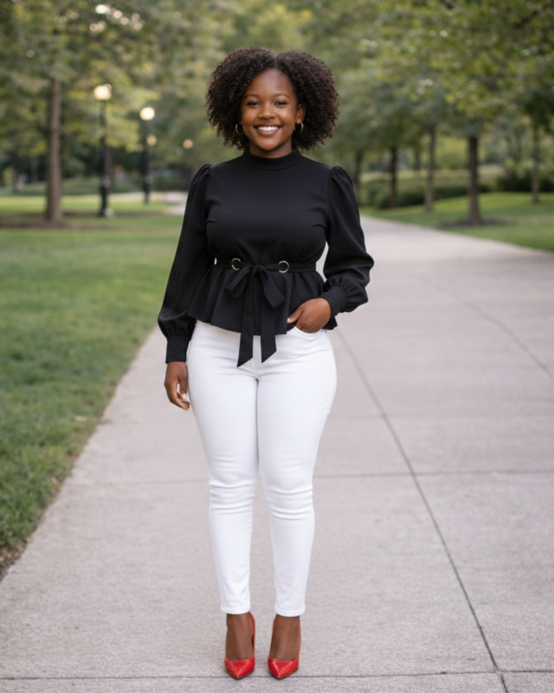 Woman wearing a black top and white pants with red shoes in a park setting