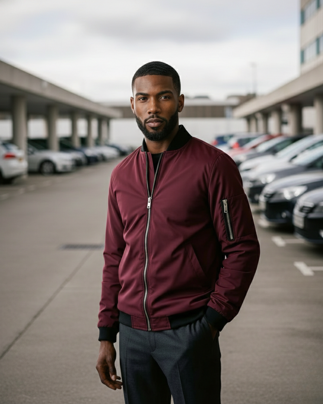 Man wearing a maroon cargo jacket standing in a parking lot