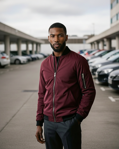 Man wearing a maroon cargo jacket standing in a parking lot