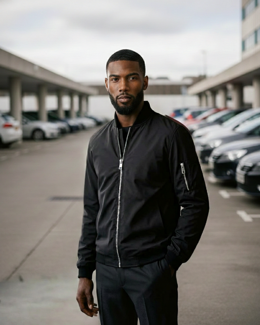 Man wearing a black cargo  jacket standing in a parking lot