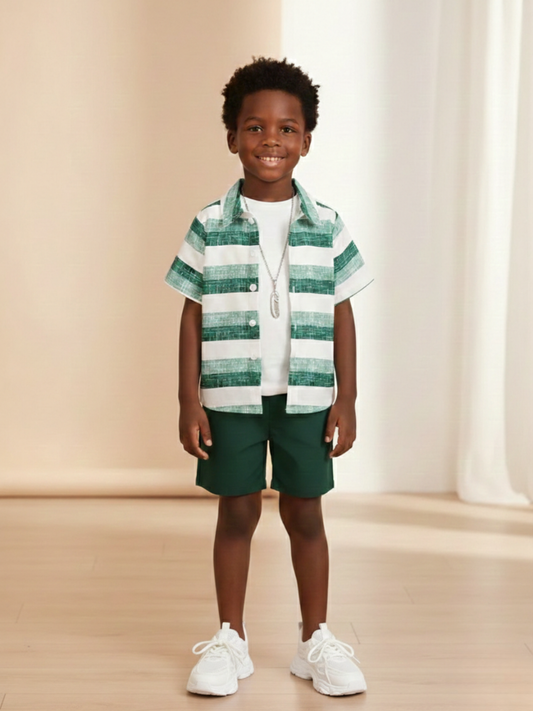 green and white striped shirt with green shorts, two piece 