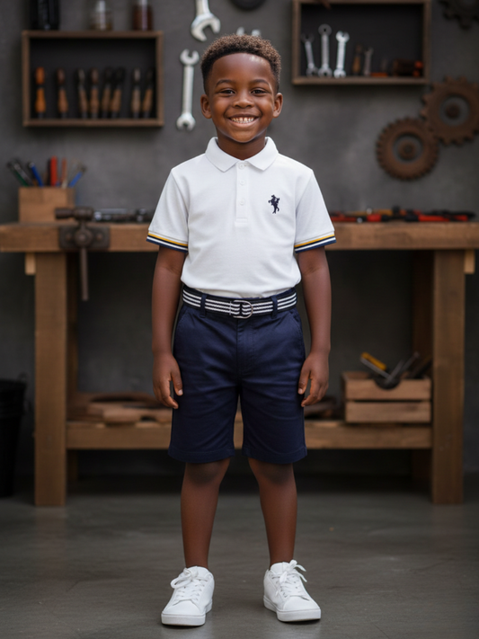 white polo shirt with a logo and navy shorts, two piece
