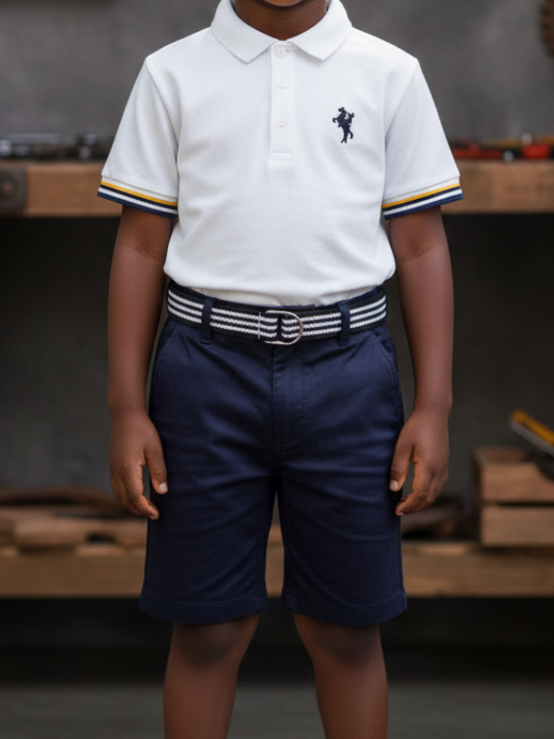 Child wearing a white polo shirt with a logo and navy shorts in an outdoor setting.
