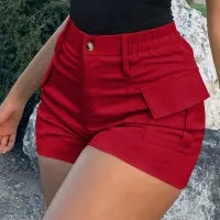 LADIES SOLID HIGH WAIST BUTTON POCKET SHORTS