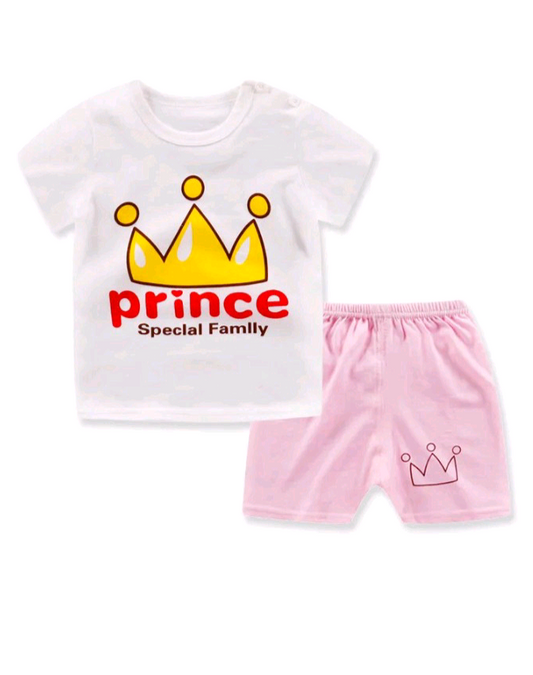 KIDS CUTE CARTOON ROUND NECK SHORT SLEEVE T-SHIRT AND SHORTS SET