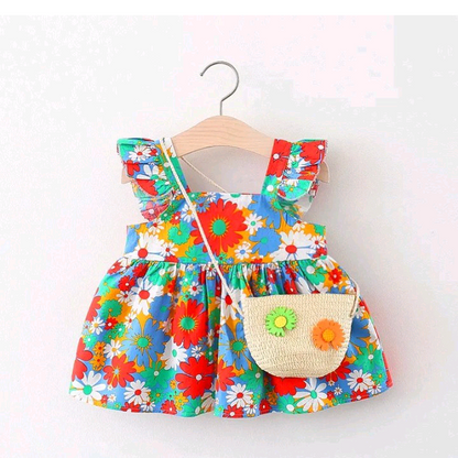 TODDLERS GIRL'S RUFFLE SLEEVE FLOWER PRINT DRESS AND BAG 2PCS SET