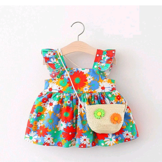 TODDLERS GIRLS RUFFLE SLEEVE FLOWER PRINT DRESS AND BAG 2PCS SET