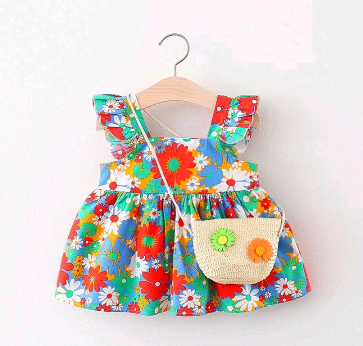 TODDLERS GIRLS RUFFLE SLEEVE FLOWER PRINT DRESS AND BAG 2PCS SET