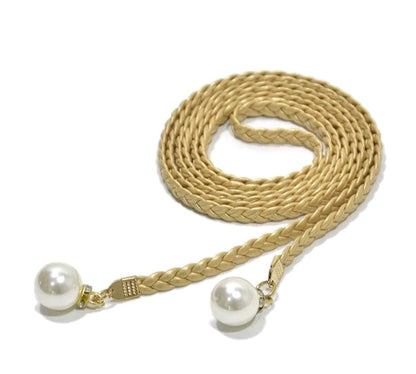 ELEGANT WOVEN PEARL DECO PU WAIST ROPE