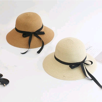 LADIES BLACK RIBBON BOW SUN HAT