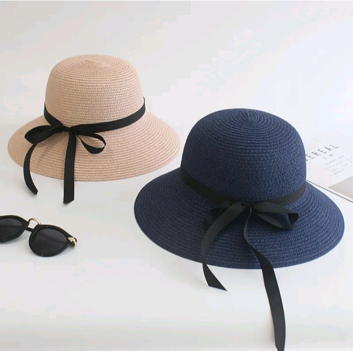 LADIES BLACK RIBBON BOW SUN HAT