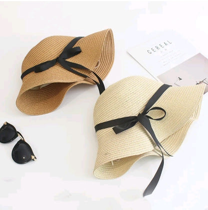 LADIES BLACK RIBBON BOW SUN HAT