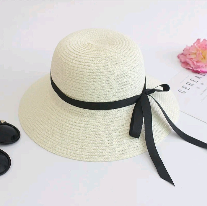 LADIES BLACK RIBBON BOW SUN HAT