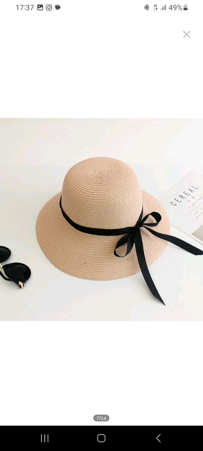 LADIES BLACK RIBBON BOW SUN HAT