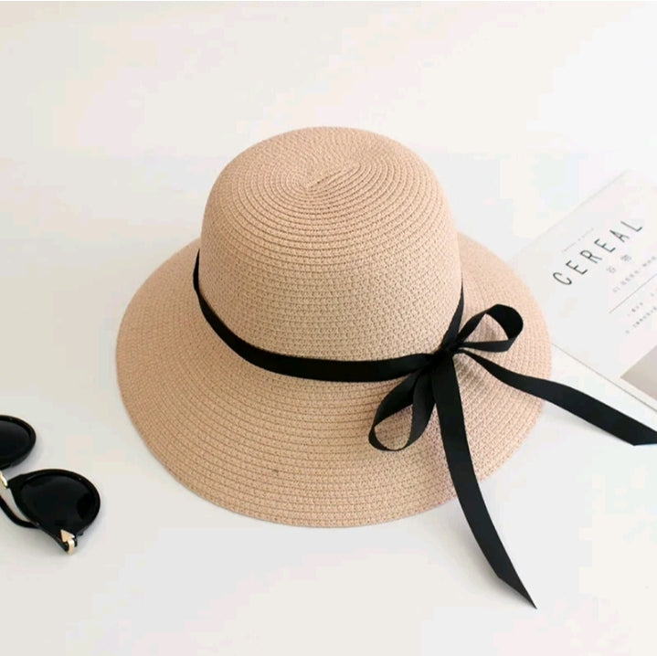 LADIES BLACK RIBBON BOW SUN HAT