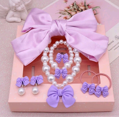 GIRL'S BOWKNOT PEARL BEAD NECKLACE BRACELET EARRINGS SET