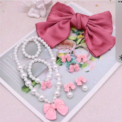 GIRL'S BOWKNOT PEARL BEAD NECKLACE BRACELET EARRINGS SET