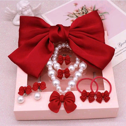 GIRL'S BOWKNOT PEARL BEAD NECKLACE BRACELET EARRINGS SET