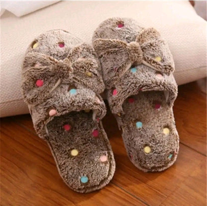 GIRL'S/LADIES BOW FLUFFY HOUSE SLIPPERS