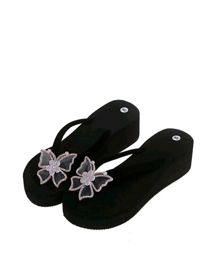 LADIES RHINESTONE BUTTERFLY WEDGED SLIPPERS