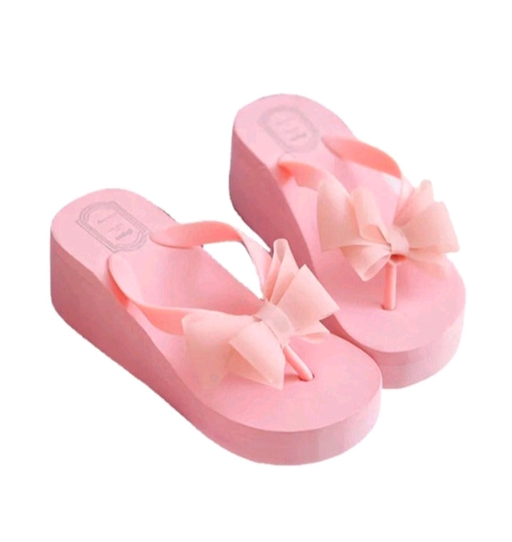 LADIES BOW WEDGED FLIP FLOPS BEACH SLIPPERS