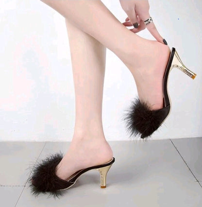 LADIES PLUSH HIGH HEEL SLIPPERS