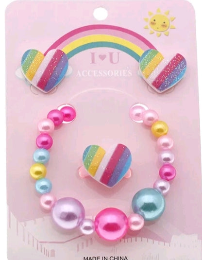 GIRL'S RAINBOW HEART BEADED BRACELET ERRINGS SET