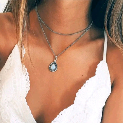 LADIES OPAL DROP DOUBLE-LAYER NECKLACE