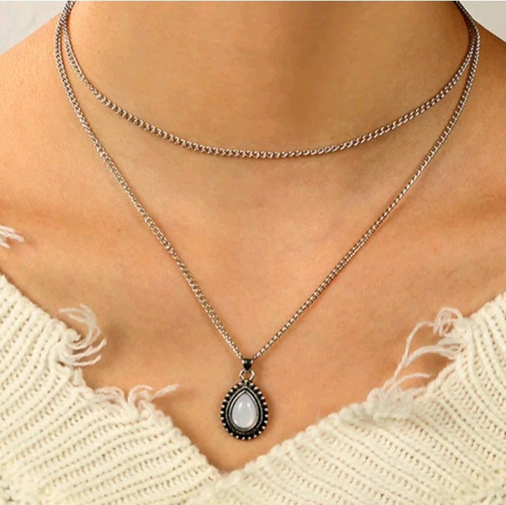 LADIES OPAL DROP DOUBLE-LAYER NECKLACE