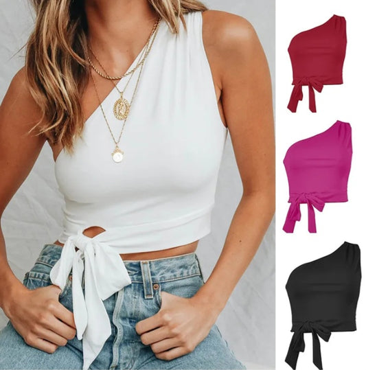 LADIES SHOULDER KNOTTED CROP TOP