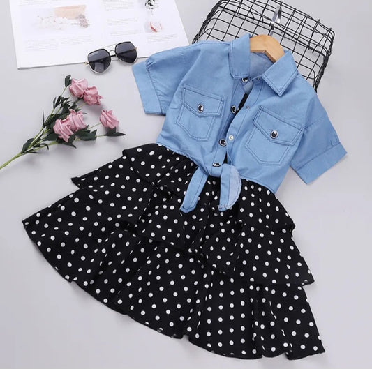 GIRL'S  POLKA DOT DRESS  AND DENIM CROP TOP