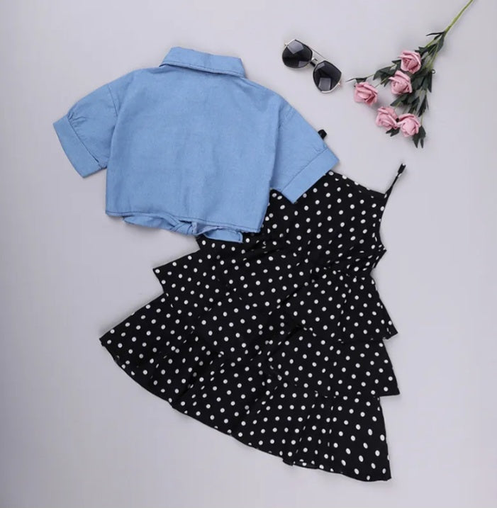 GIRL'S  POLKA DOT DRESS  AND DENIM CROP TOP