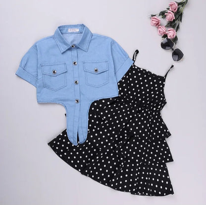 GIRL'S  POLKA DOT DRESS  AND DENIM CROP TOP