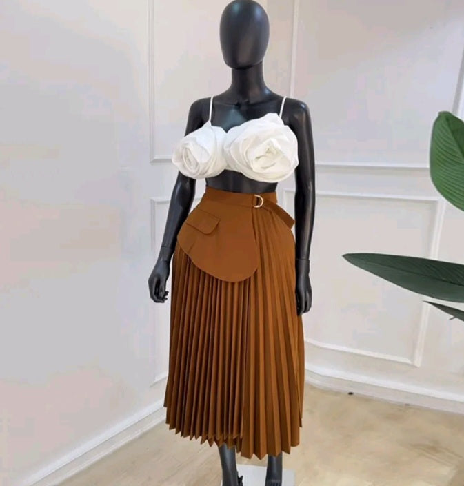 LADIES HIGH WAIST PLEATED MID-LENGHTH SKIRT