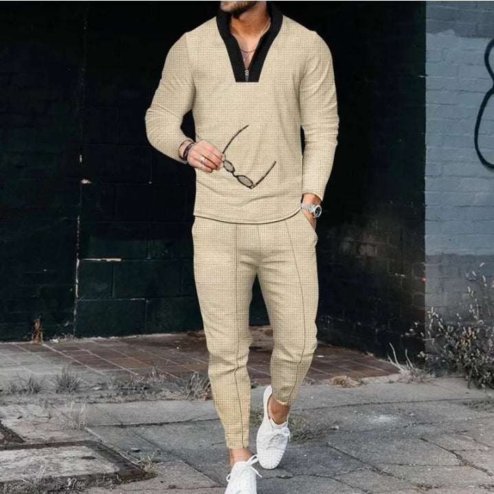 MEN'S LONG SLEEVE V-NECK T-SHIRT AND PANTS 2PCS SET