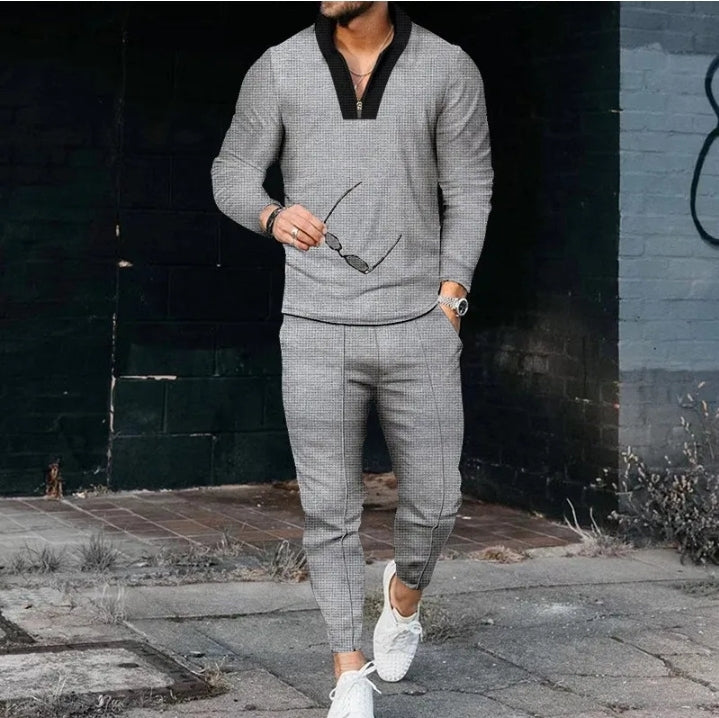 MEN'S LONG SLEEVE V-NECK T-SHIRT AND PANTS 2PCS SET