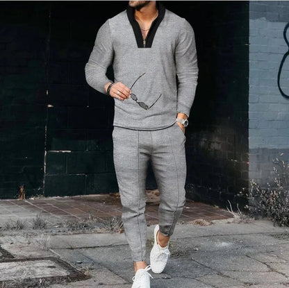 MEN'S LONG SLEEVE V-NECK T-SHIRT AND PANTS 2PCS SET