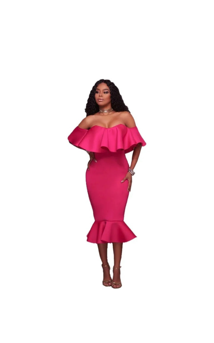 LADIES OFF-SHOULDER RUFFLED BODYCON DRESS