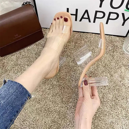 LADIES TRANSPARENT CHUNKY HEEL SLIPPERS