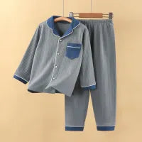 UNISEX CASUAL SOLID  COTTON CARDIGAN LOOSE PANTS PYJAMAS 2PCS  SET