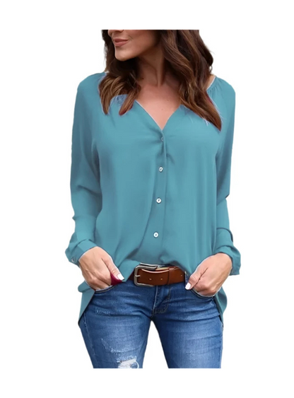 LADIES V-NECK BUTTON LONG SLEEVE LOOSE BLOUSE