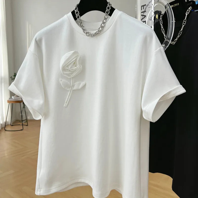 LADIES CASUAL FLOWER  COTTON ROUND NECK T-SHIRT