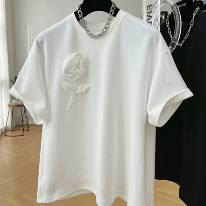 LADIES CASUAL FLOWER  COTTON ROUND NECK T-SHIRT