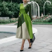 LADIES BLOCKING LONG SLEEVE MIDI DRESS